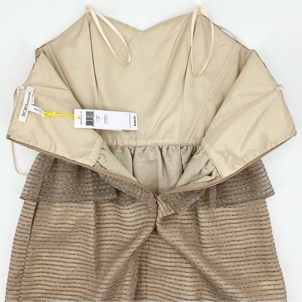 BCBGeneration Beige Shimmer Strapless Peplum Dres… - image 6